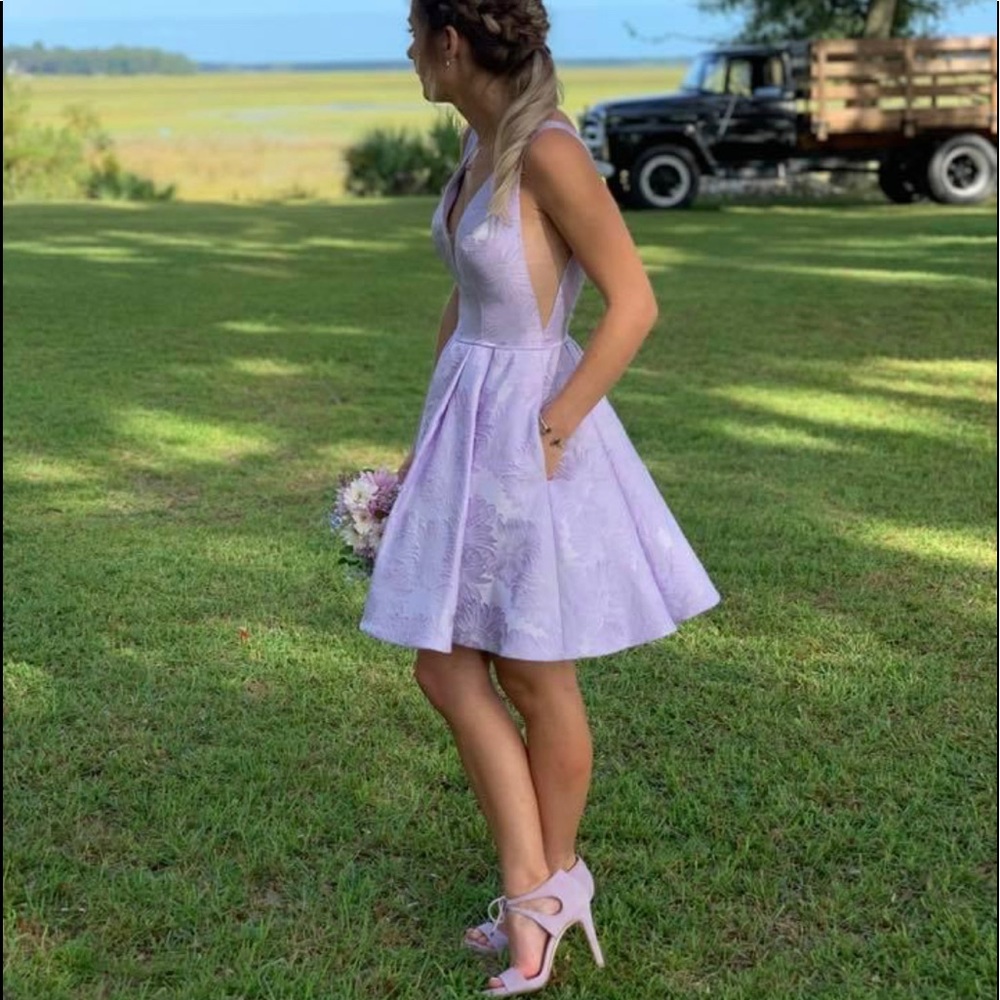 Sherri Hill Lilac Floral Fit-and-Flare Short Prom Dress